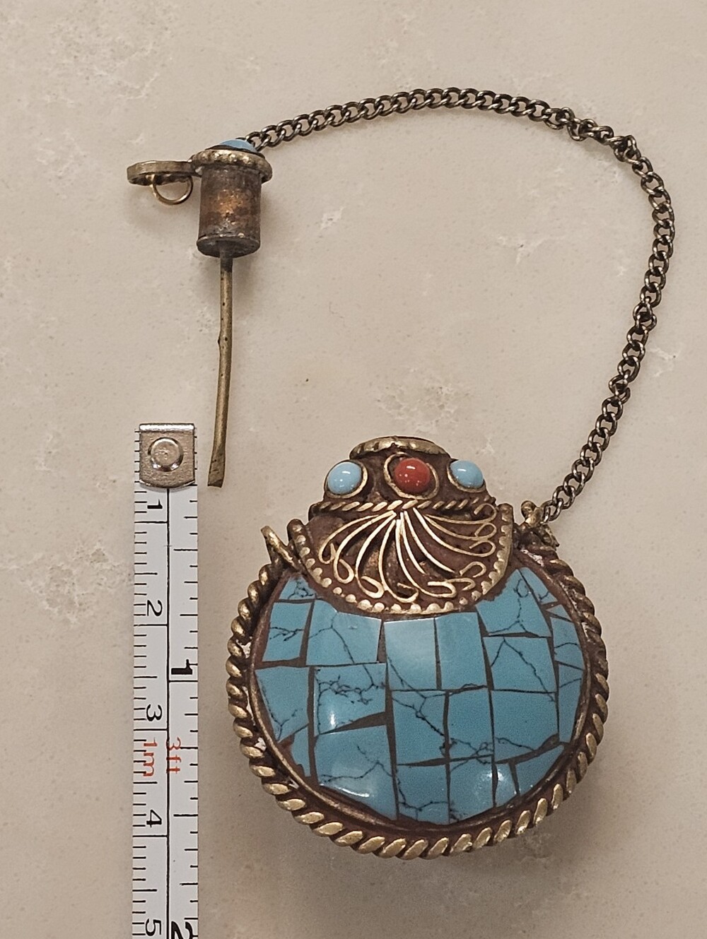 Vintage Tibetan Style Turquoise Mosaic Snuff Bottle Pendant Necklace - Picture 5 of 6